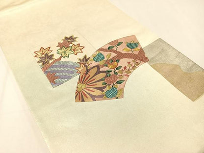 平和屋着物▼太鼓柄袋帯　駒刺繍　切嵌　地紙花文　金銀彩　引箔　正絹　逸品　CAAY0348vp