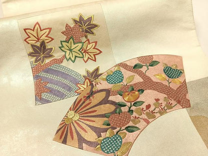 平和屋着物▼太鼓柄袋帯　駒刺繍　切嵌　地紙花文　金銀彩　引箔　正絹　逸品　CAAY0348vp