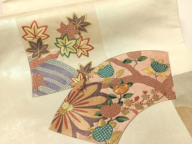 平和屋着物▼太鼓柄袋帯　駒刺繍　切嵌　地紙花文　金銀彩　引箔　正絹　逸品　CAAY0348vp