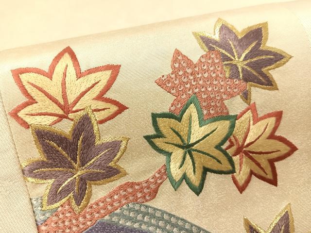 平和屋着物▼太鼓柄袋帯　駒刺繍　切嵌　地紙花文　金銀彩　引箔　正絹　逸品　CAAY0348vp