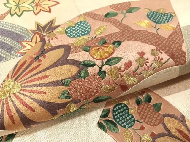 平和屋着物▼太鼓柄袋帯　駒刺繍　切嵌　地紙花文　金銀彩　引箔　正絹　逸品　CAAY0348vp
