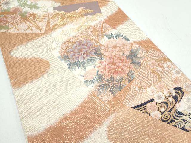 平和屋着物◎六通柄袋帯 色紙重ね花文 金糸 正絹 逸品 CAAY0797th