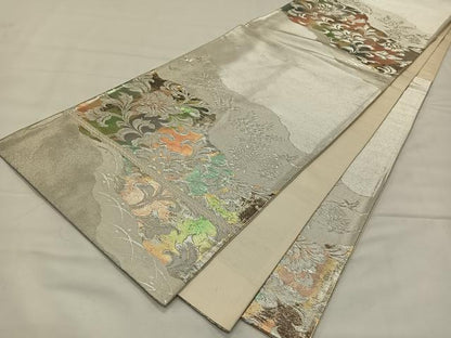 平和屋着物◎六通柄袋帯 更紗花文 銀糸 正絹 逸品 CAAY0807qv