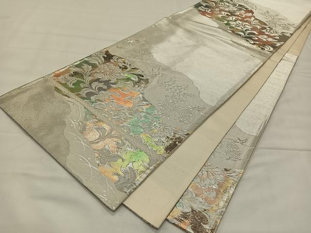 平和屋着物◎六通柄袋帯 更紗花文 銀糸 正絹 逸品 CAAY0807qv