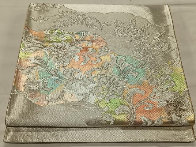 平和屋着物◎六通柄袋帯 更紗花文 銀糸 正絹 逸品 CAAY0807qv
