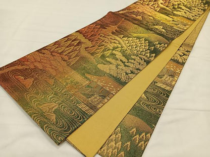 平和屋着物◎六通柄袋帯 風景文 金糸 正絹 逸品 CAAY0837qv