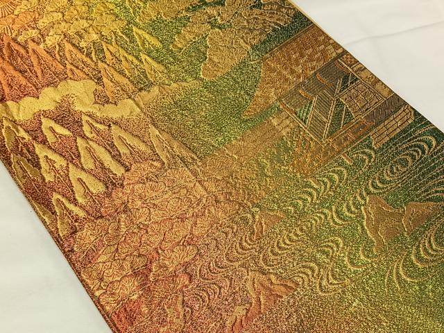 平和屋着物◎六通柄袋帯 風景文 金糸 正絹 逸品 CAAY0837qv