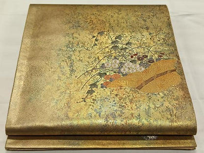 平和屋着物◎太鼓柄袋帯　花籠文　金糸　引箔　正絹　逸品　CAAY0846qv