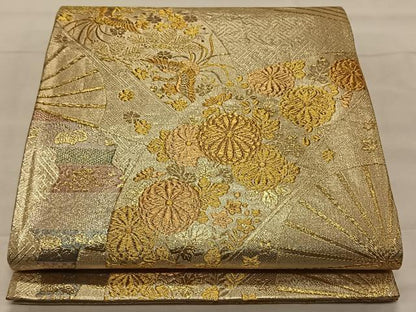 平和屋着物◎六通柄袋帯　扇面花鳥文　金銀糸　正絹　逸品　CAAY0849qv