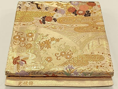 平和屋着物◎六通柄袋帯 唐織 光悦錦 エ霞花鳥文 金糸 正絹 逸品 CAAY0864qv