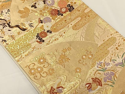 平和屋着物◎六通柄袋帯 唐織 光悦錦 エ霞花鳥文 金糸 正絹 逸品 CAAY0864qv