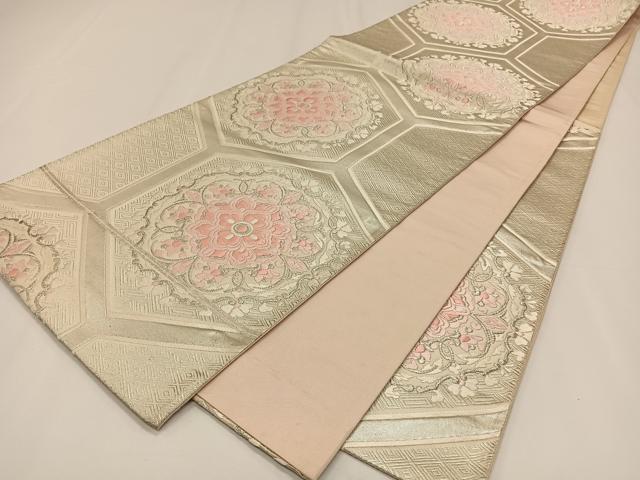 平和屋着物◎六通柄袋帯 唐織 亀甲花文 銀糸 正絹 逸品 CAAY0916qv