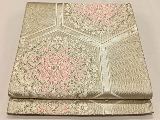 平和屋着物◎六通柄袋帯 唐織 亀甲花文 銀糸 正絹 逸品 CAAY0916qv