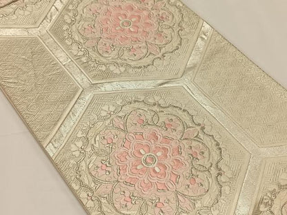 平和屋着物◎六通柄袋帯 唐織 亀甲花文 銀糸 正絹 逸品 CAAY0916qv