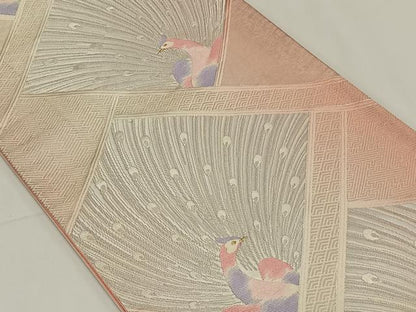 平和屋着物◎六通柄袋帯　唐織　孔雀文　銀糸　正絹　逸品　CAAY0924qv