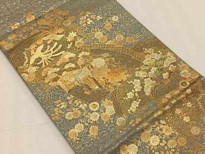 平和屋着物◎太鼓柄袋帯　檜扇華鳥文　金銀彩　正絹　逸品　CAAY0958qv