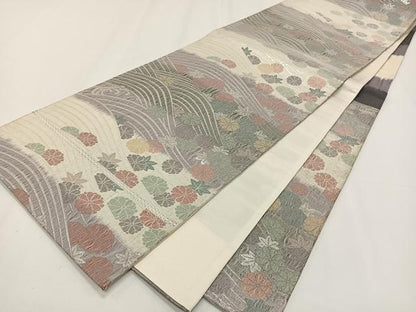 平和屋着物◎六通柄袋帯　流水花文　銀糸　正絹　逸品　CAAY0972qv