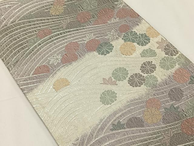 平和屋着物◎六通柄袋帯　流水花文　銀糸　正絹　逸品　CAAY0972qv