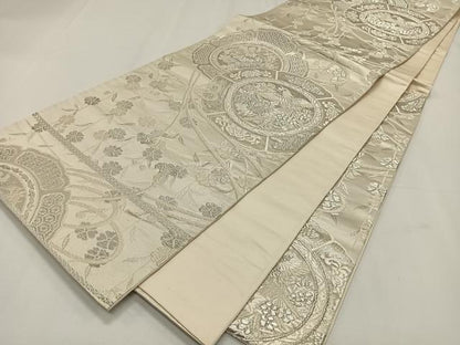平和屋着物◎六通柄袋帯 唐織 美保姿 鏡裏花蝶文 銀糸 正絹 逸品 CAAY0988qv
