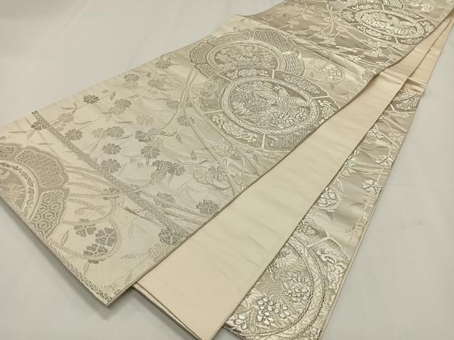 平和屋着物◎六通柄袋帯 唐織 美保姿 鏡裏花蝶文 銀糸 正絹 逸品 CAAY0988qv