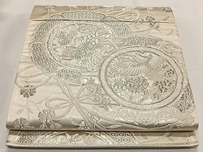 平和屋着物◎六通柄袋帯 唐織 美保姿 鏡裏花蝶文 銀糸 正絹 逸品 CAAY0988qv