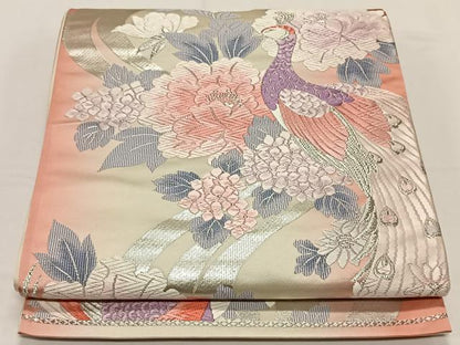 平和屋着物◎六通柄袋帯 唐織 孔雀花文 銀糸 正絹 逸品 CAAY1010qv