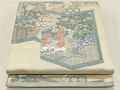 平和屋着物◎六通柄袋帯 唐織 屏風風景花文 銀糸 正絹 逸品 CAAY1156qv