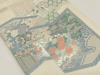 平和屋着物◎六通柄袋帯 唐織 屏風風景花文 銀糸 正絹 逸品 CAAY1156qv