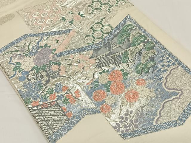 平和屋着物◎六通柄袋帯 唐織 屏風風景花文 銀糸 正絹 逸品 CAAY1156qv