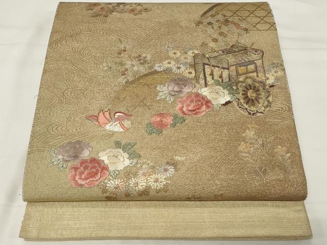 平和屋着物◎太鼓柄袋帯　刺繍　御所車花鳥文　金銀彩　正絹　逸品　CAAY2142in