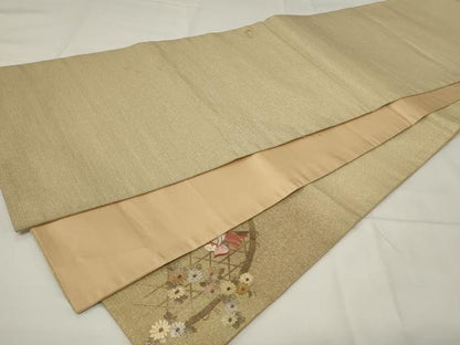 平和屋着物◎太鼓柄袋帯　刺繍　御所車花鳥文　金銀彩　正絹　逸品　CAAY2142in