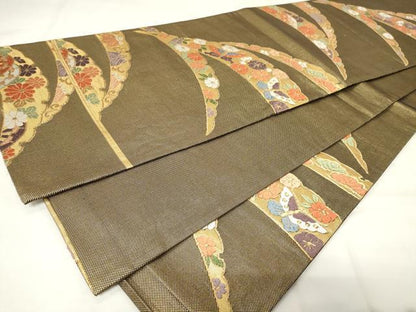 平和屋着物◎本佐賀錦　六通柄袋帯　唐織　露芝菊花文　黒地　金糸　正絹　逸品　CAAY2186in