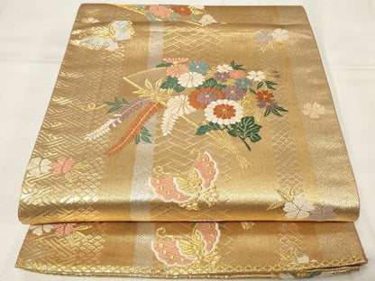 平和屋着物◎六通柄袋帯　唐織　扇面花蝶文　金糸　正絹　逸品　CAAY2199in