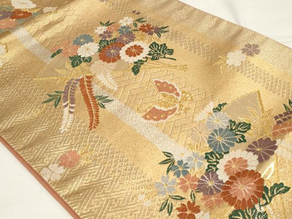 平和屋着物◎六通柄袋帯　唐織　扇面花蝶文　金糸　正絹　逸品　CAAY2199in