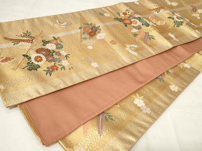 平和屋着物◎六通柄袋帯　唐織　扇面花蝶文　金糸　正絹　逸品　CAAY2199in