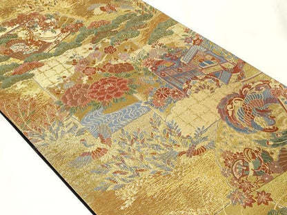 平和屋着物◎六通柄袋帯　扇面飛鶴花文　金糸　正絹　逸品　CAAY2218in