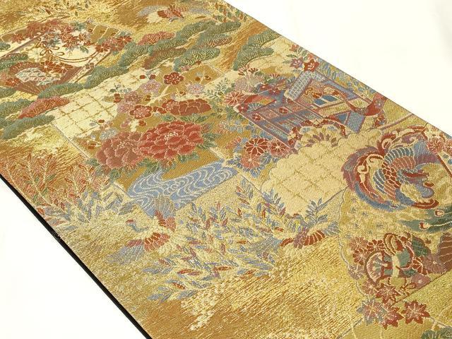 平和屋着物◎六通柄袋帯　扇面飛鶴花文　金糸　正絹　逸品　CAAY2218in