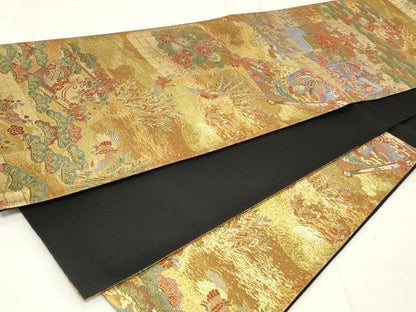 平和屋着物◎六通柄袋帯　扇面飛鶴花文　金糸　正絹　逸品　CAAY2218in