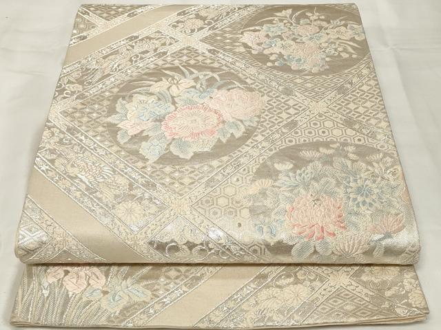 平和屋着物◎六通柄袋帯　唐織　天井草花丸文　銀糸　正絹　逸品　CAAY2228in