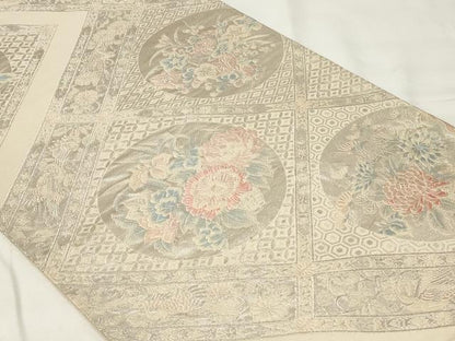 平和屋着物◎六通柄袋帯　唐織　天井草花丸文　銀糸　正絹　逸品　CAAY2228in