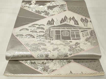平和屋着物◎六通柄袋帯　風景文　銀糸　正絹　逸品　CAAY2231in