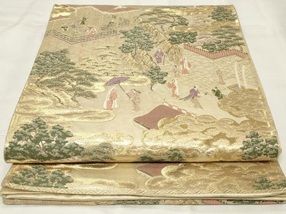 平和屋着物◎六通柄袋帯　人物風景文　金糸　正絹　逸品　CAAY2236in