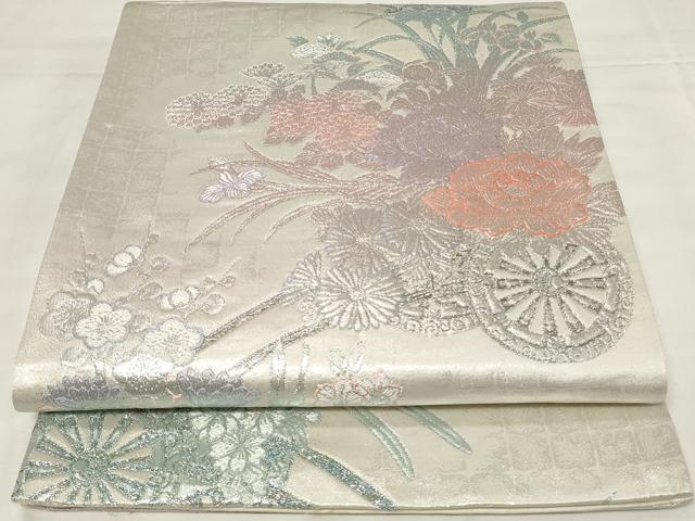 平和屋着物◎六通柄袋帯 九百プラチナ 花車文 正絹 逸品 CAAY2244in