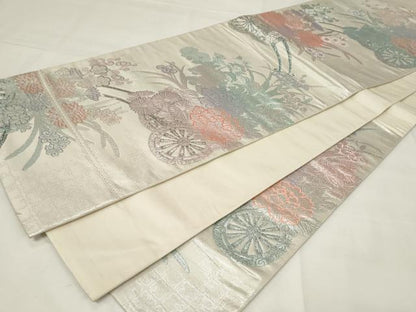 平和屋着物◎六通柄袋帯 九百プラチナ 花車文 正絹 逸品 CAAY2244in