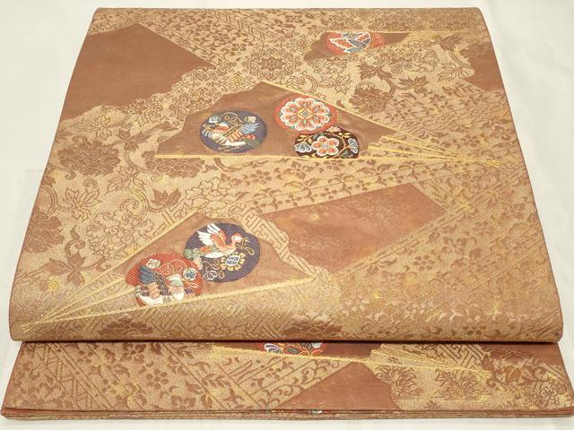 平和屋着物◎六通柄袋帯　唐織　扇面花鳥丸文　金糸　正絹　逸品　CAAY2340in