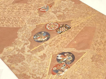 平和屋着物◎六通柄袋帯　唐織　扇面花鳥丸文　金糸　正絹　逸品　CAAY2340in
