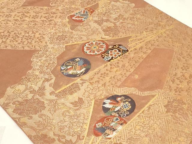 平和屋着物◎六通柄袋帯　唐織　扇面花鳥丸文　金糸　正絹　逸品　CAAY2340in