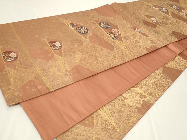 平和屋着物◎六通柄袋帯　唐織　扇面花鳥丸文　金糸　正絹　逸品　CAAY2340in