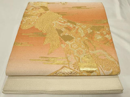 平和屋着物◎太鼓柄袋帯　綴れ　束ね熨斗吉祥花文　金銀糸　正絹　逸品　CAAY2355in