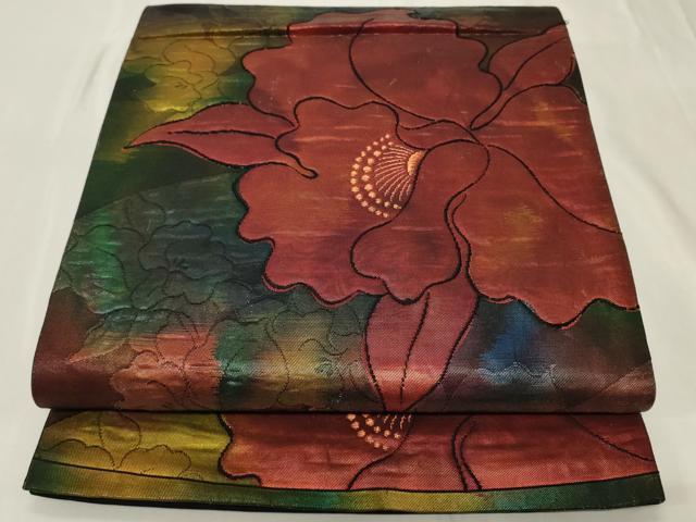 平和屋着物◎六通柄袋帯　草花文　黒地　金糸　正絹　逸品　CAAY2359in